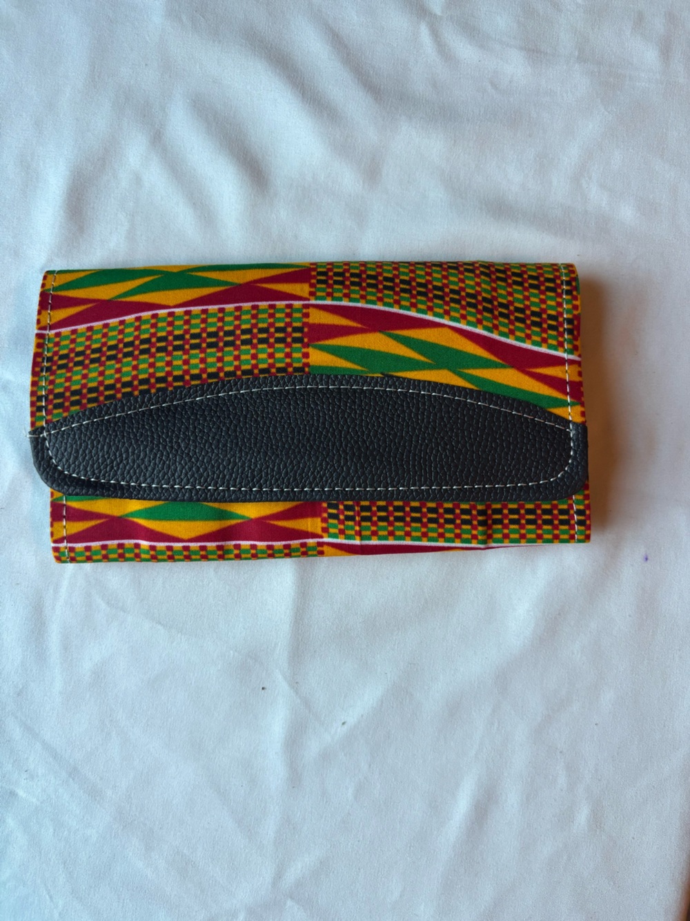 Colorful Kente Print Clutch Wallet with Black Leather Accent